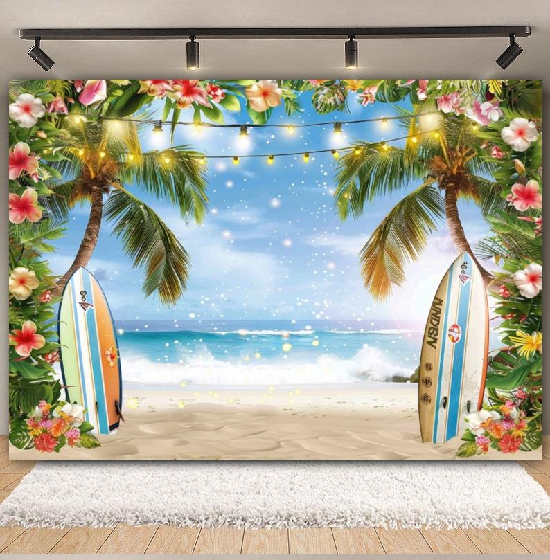 Hawaiian Summer Seaside Backdrop for Photography Tropical Beach Palm Tree Surfboard Baby Birthday Holiday Party Photo Background