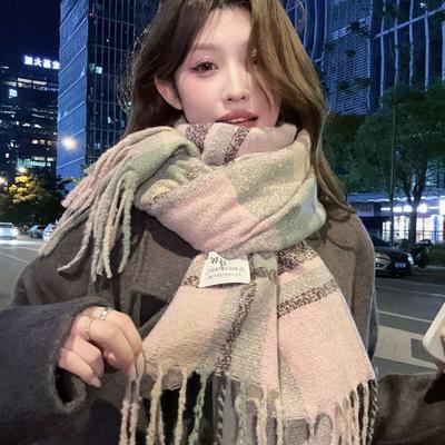 Premium Atmosphere, Line Plaid Scarf, Women'S Winter Thickened Warm Student Scarf