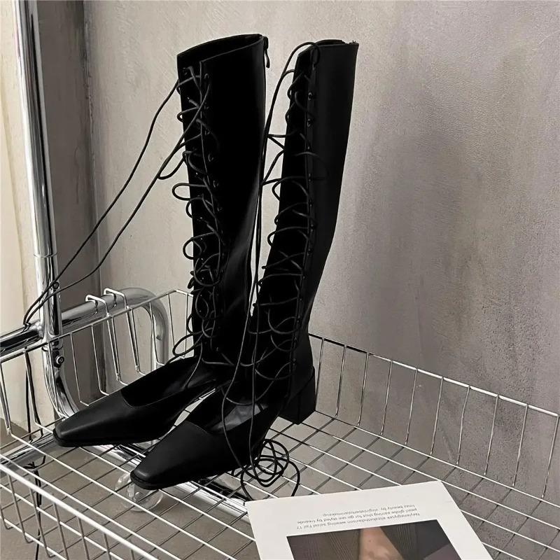 Women's Hollow out High Top Boots Fashionable Spicy Summer New Knight Boots Breathable Cross Lacing Thick Heel Long Boots