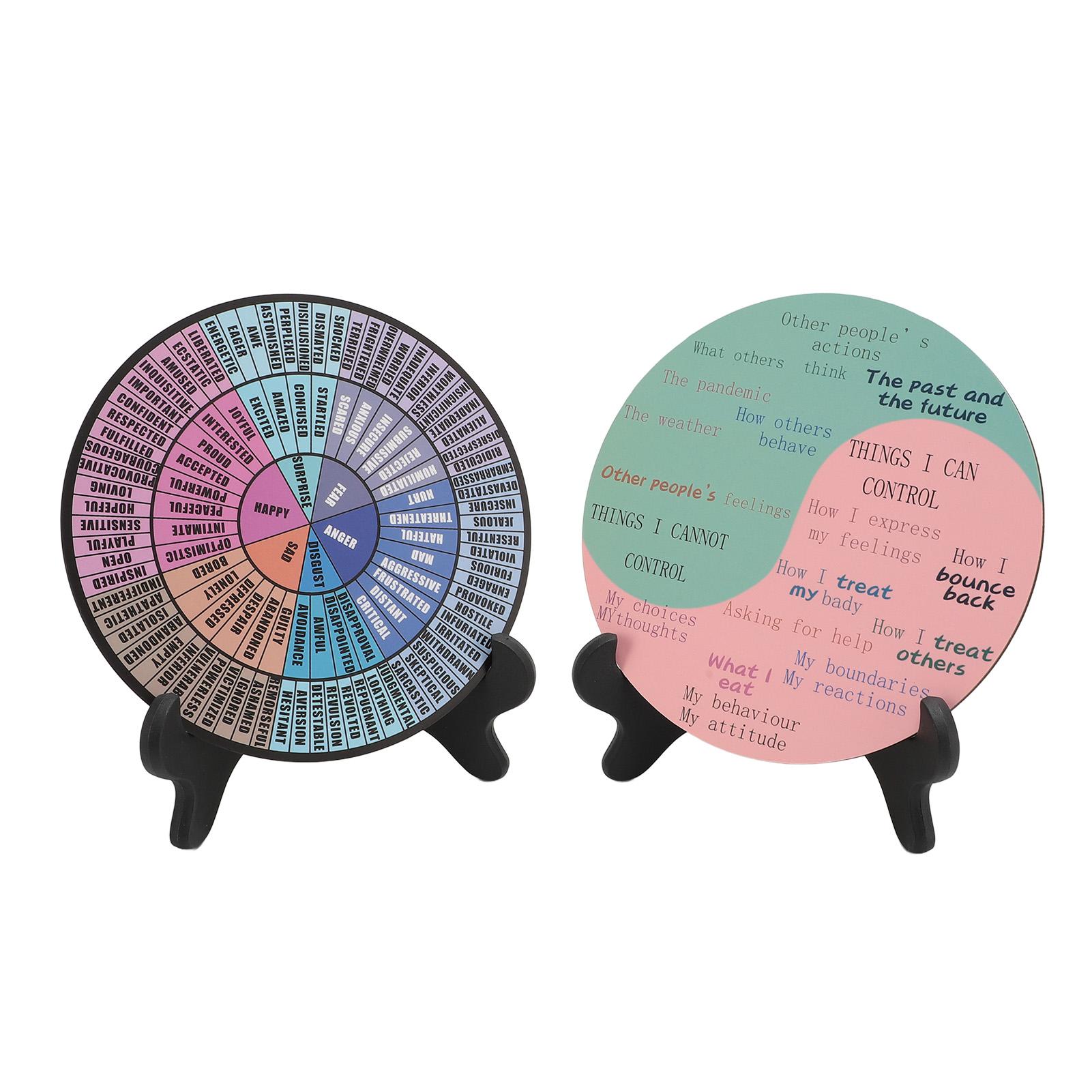

2 шт. Деревянное колесо чувств, расслабляющее, успокаивающее, диаграмма колеса эмоций с пластиковой подставкой для ментального здоровья