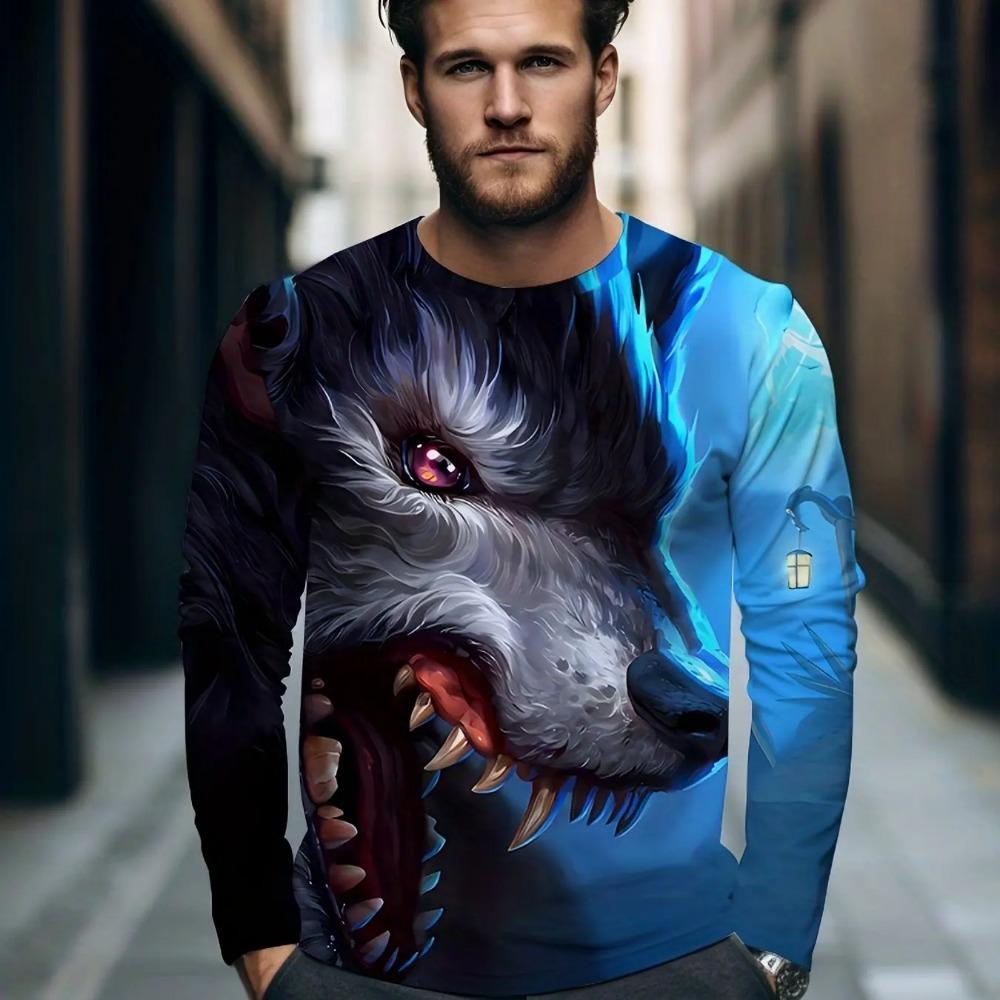 Spring and Autumn Round Neck Wolf Pattern 3D Ukiyoe Printed Top Fashionable Casual Long Sleeved Men's T-shirts