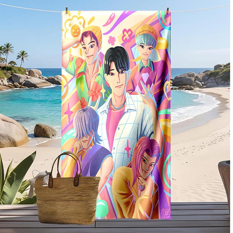 Kpop Lovci Démonů Potiskovaný Plážový Ručník, Velký Absorpční Rychleschnoucí Ručník pro Letní Venkovní Plavání