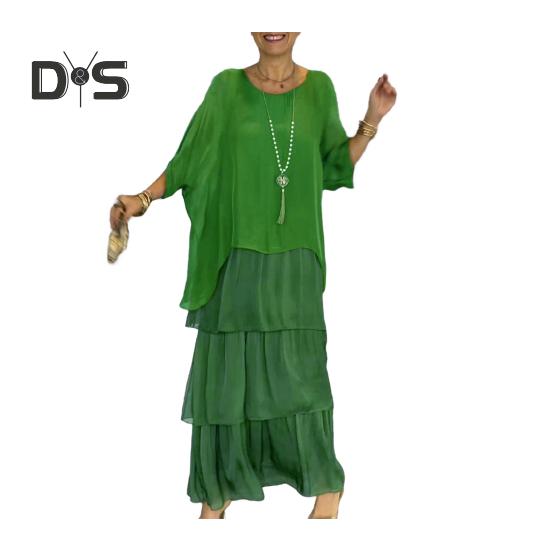 Abendkleid, mehrlagig, verstreuter Kuchensaum, Halbarm-Maxikleid, Fledermausärmel, weites Chiffonkleid mit Rundhalsausschnitt für Party und Abschlussball