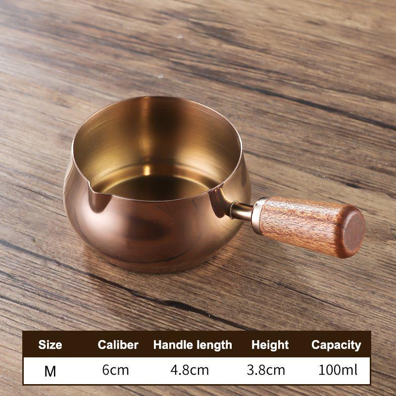Stainless Steel Single Handle Sauce Cup with Wooden Grip - Gold/Silver Double Color Food-Grade Dipping Bowls for Kitchen Dining