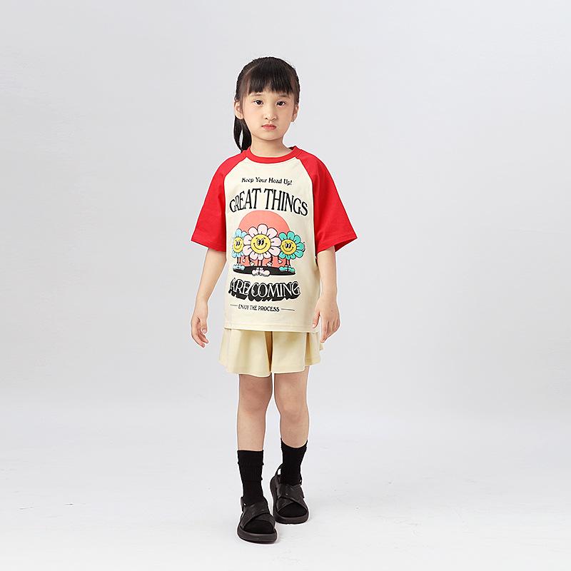 Korean Style Girls' Color Block Raglan Tee - Breathable Summer Short Sleeve Top