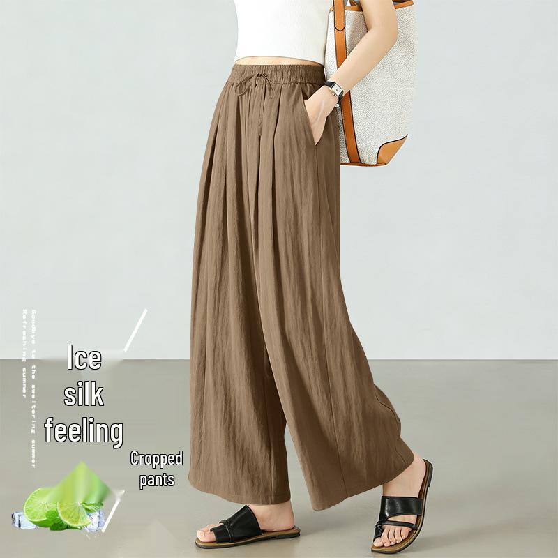 Women's Summer Ice Silk Cropped Loose-Fit Plus Size Pants, Elastic Waist & Petite 8-Point Casual Thin Pants