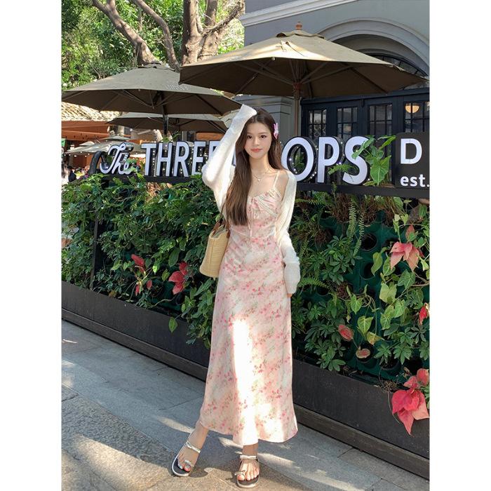 Summer Floral Suspender Long Dress Women's Early Spring New Lace Splicing French Waist Long Dress Beach Skirt