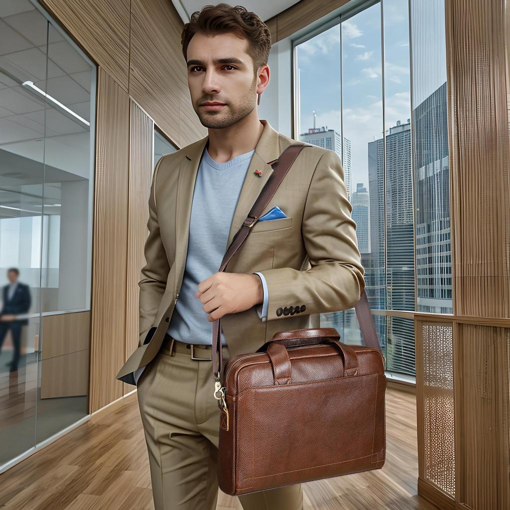 Malun Te Men's Genuine Leather Laptop Briefcase - Top Layer Cowhide Handbag