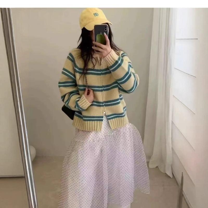 Lazy striped knitted cardigan women's autumn and winter new loose and thin versatile double zipper sweater jacket