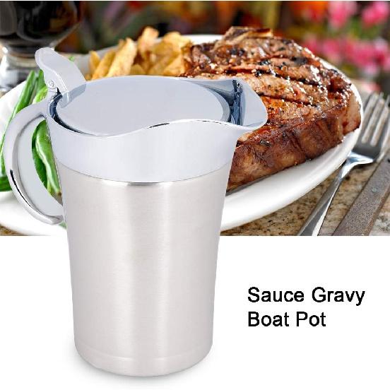 450ML/750ML 304 Stainless Steel Thermal Sauce Pot, Double Wall Insulated Gravy Boat Pot with Lid Serving Jug Bucket with Non-drip Spout for Juice