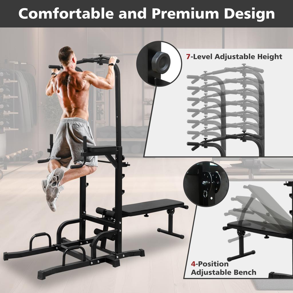 Power Tower Pull Up Bar Station (Includes Workbench and Bench), Adjustable Height Multi-Function Power Tower, Stable Strength Training Equipment