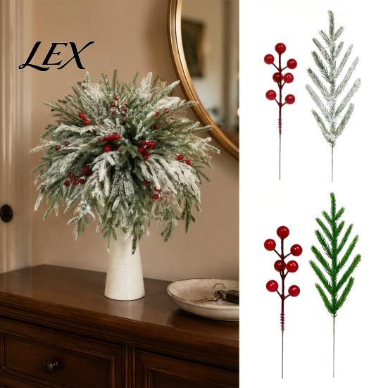Artificial Flower Arrangements for Indoor 20Pcs Christmas Norfolk Pine Picks, Flocked Snow Branches with Tree Ornaments Atmosphere Red Berries,