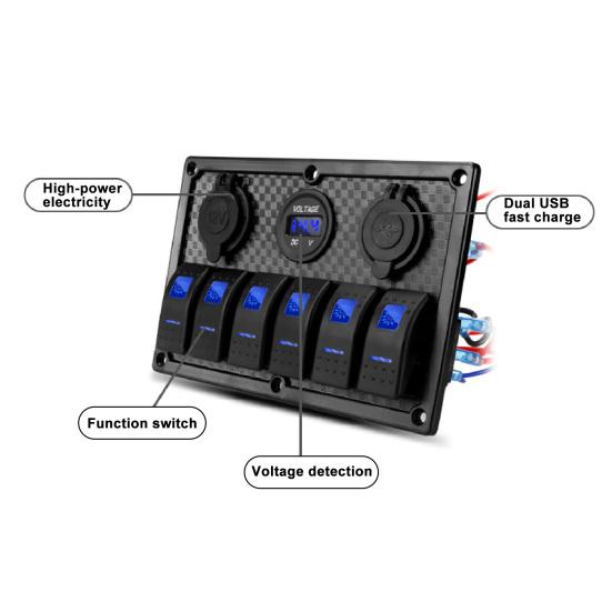 Panel spínačů Nehořlavý Dva USB porty Robustní 6 LED kolébkový spínač pro loď