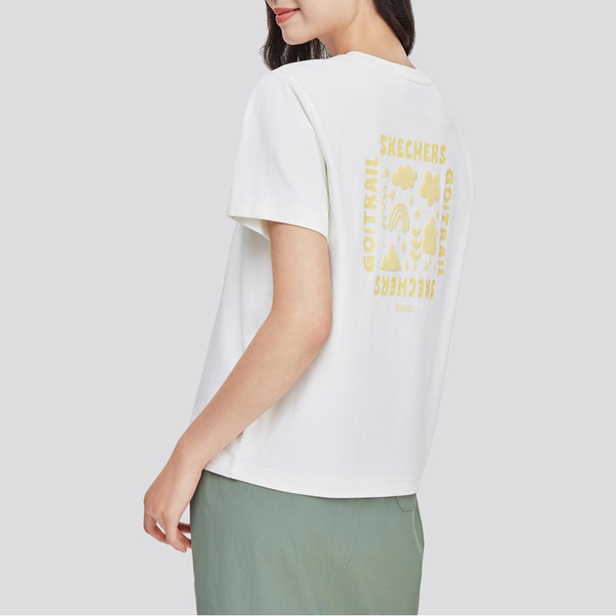 Skechers American Vintage Letter Print Loose Quick-Dry Breathable Crew Neck Pullover Short Sleeve T-Shirt Women Tops Cotton-Candy-White L224W030-0074