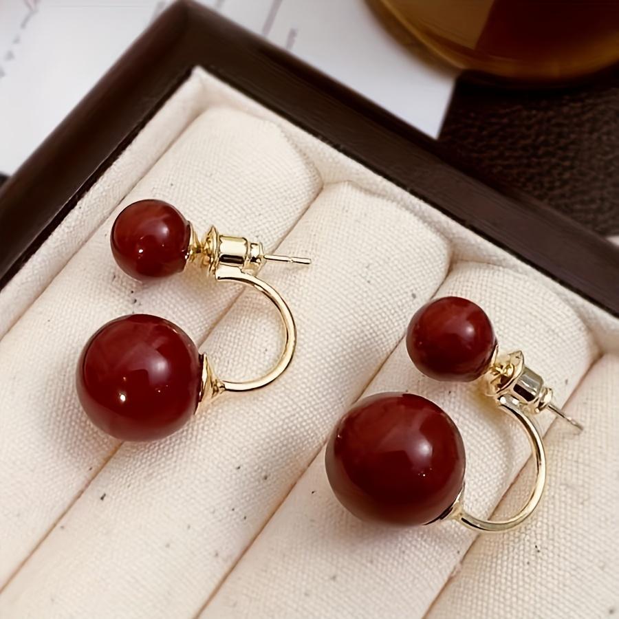 Elegant Red Faux Pearl Earrings for Women - Glossy Spherical Design with Gold Pillars, Casual Accessories, Glossy Finishes, Faux Pearl Earrings