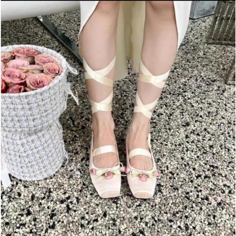 New Women's Flat Footwear Pink Ballet Women Single Shoes Fashion Lace Up Girl Mary Jane Shoes Sweet Flowers Ladies Loafers