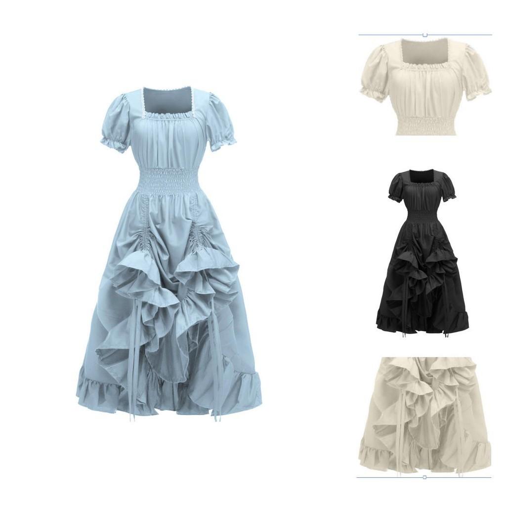 Vintage Renaissance Quadratischer Halsausschnitt Kurzarm Kleid Mittelalterlich Pastoral Cosplay Kleid