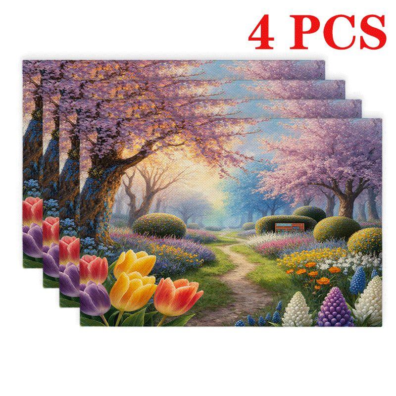 4/6pcs Rectangular Placemats - 12X18 Inch Springtime Floral Landscape Table Mats with 2D Element Design 4pcs