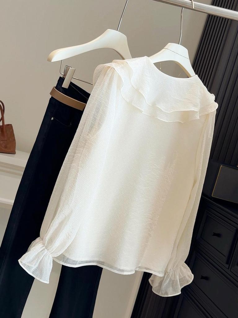 Women's French Ruffle Polka Dot Chiffon Shirt - Spring 2026 Design, Long Sleeve