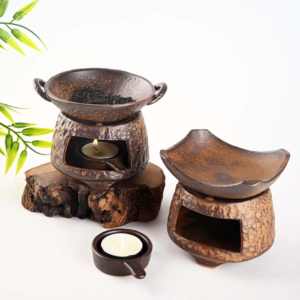 Vintage Ceramic Incense and Candle Burner Set with Agarwood and Tea Roasting Features
