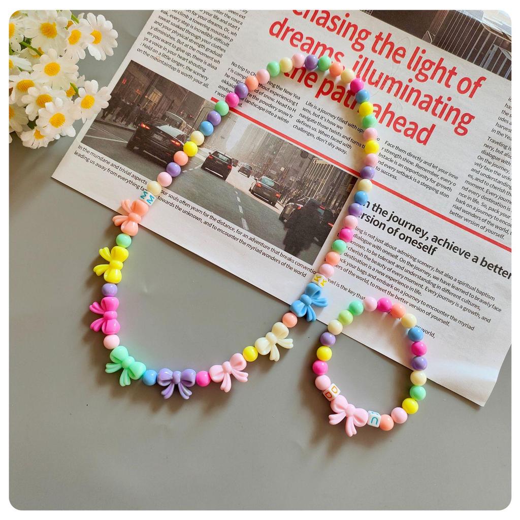 Korean Cartoon Kids' Candy Color Beaded Necklace & Bracelet Set with Flower Bowknot & Hanger