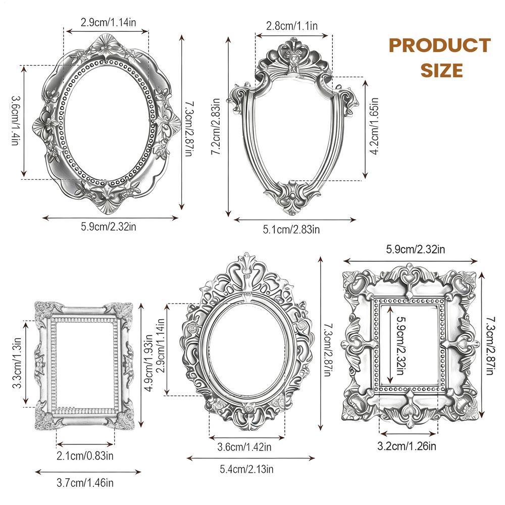 

5pcs Retro silver Miniature Photo Frames Baroque Resin Mini Photo Frame Accessory Mini House European Vintage Frame Decoration