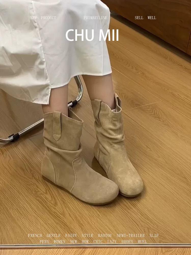 Soft Leather Version~ Short Boots Women's Retro Western Cowboy Boots 2025 Autumn New Pleated Stacking Boots Chelsea Thin Boots