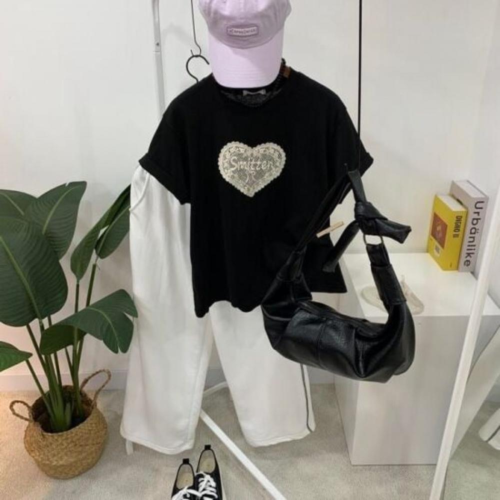 C S In The Room HearT laCe Embroidery ShorT Sleeve T ShirT   2ColorS