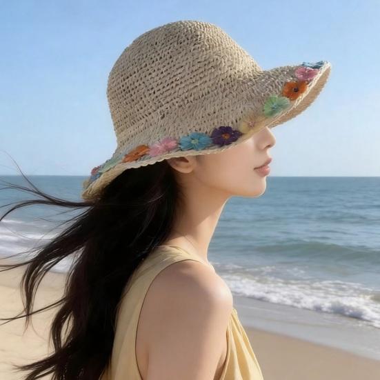 Beach Hat Hollow Design Large Eaves UV Blocking Colorful Flower Decoration Sun Protection Hat Portable Hand-Crocheted Straw Hat