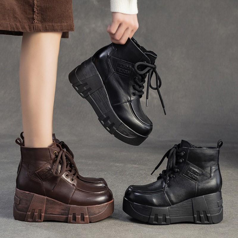 Johnature Retro Thick Sole Wedges Short Boots Genuine Leather Women's Height-increasing Shoes