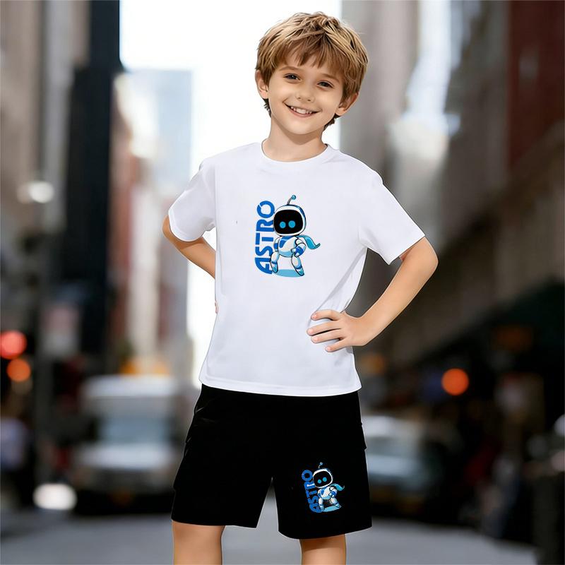 

Boys 2 Piece Cartoon Robots Print Outfit, Short Sleeve T-Shirt and Shorts Set for Kids Age 5-14, Black and White Sporty Casual Summer Clothes 13-14 Years білий