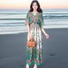 Ethnic Style V-neck Cotton and Silk Short-sleeved Beach Dress Thailand Travel Dress Summer Print Vacation Floral Skirt