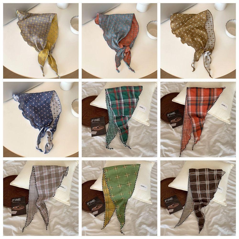 Cotton Pastoral Style Headscarf Turban Triangular Hair Band Sweet Lattice Headscarf  Summer