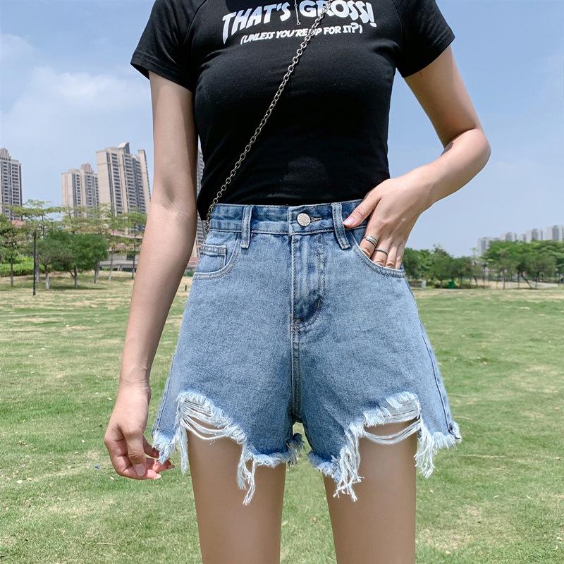 Classic and Minimalist Fashion Versatile Black Broken Holes Women's Summer High-waisted Outside Wear Thin A-line Wide-legged Ragged Denim Shorts