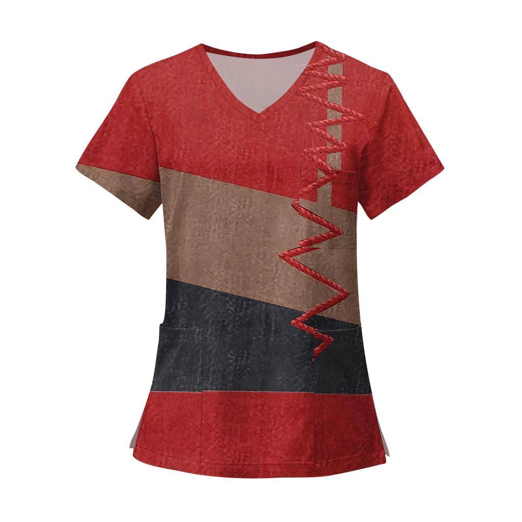 Women's Fashion Printed Short Sleeve V Neck Pattern Tops Pocket Working T-shirts