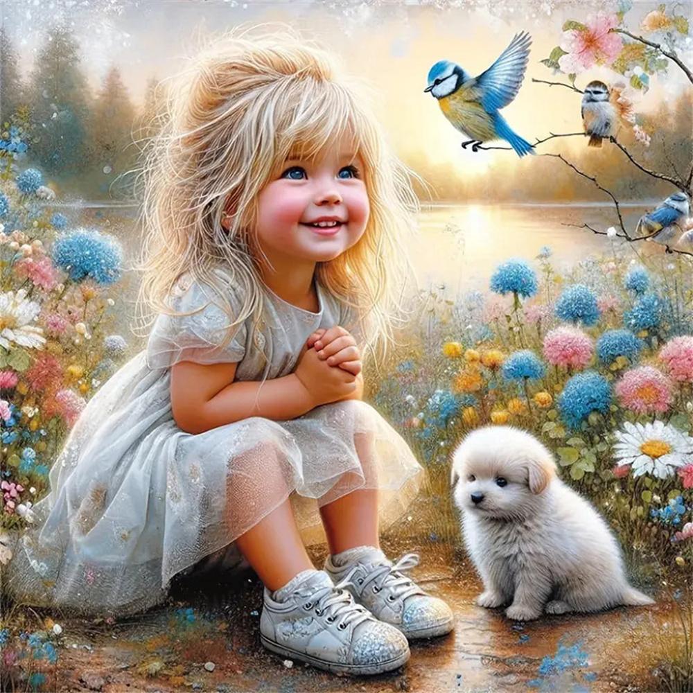 5d Diy Diamond Painting Girl Dog Portrait Diamond Embroidery Seaside Full Round Drill Cross Stitch Kits Gift