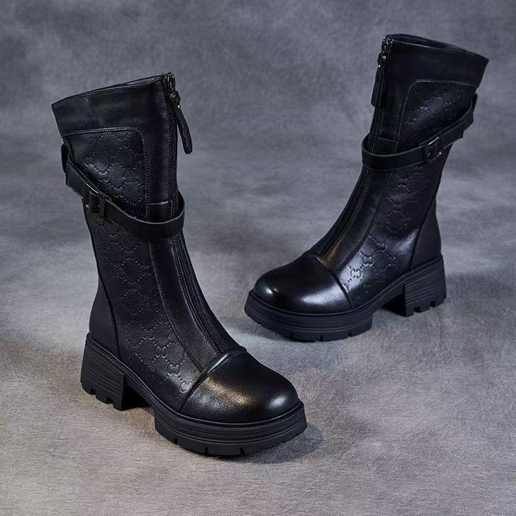 Women's Genuine Leather Knee-High Martin Boots, 2025 Autumn/Winter, British Style, Thick Sole, Plus Velvet.