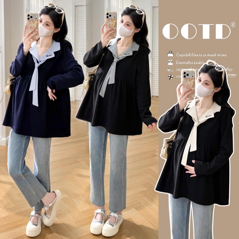 Spring 2026 Casual Embroidered Knit Maternity Top - Trendy Loose-Fit Doll Shirt Extra Large