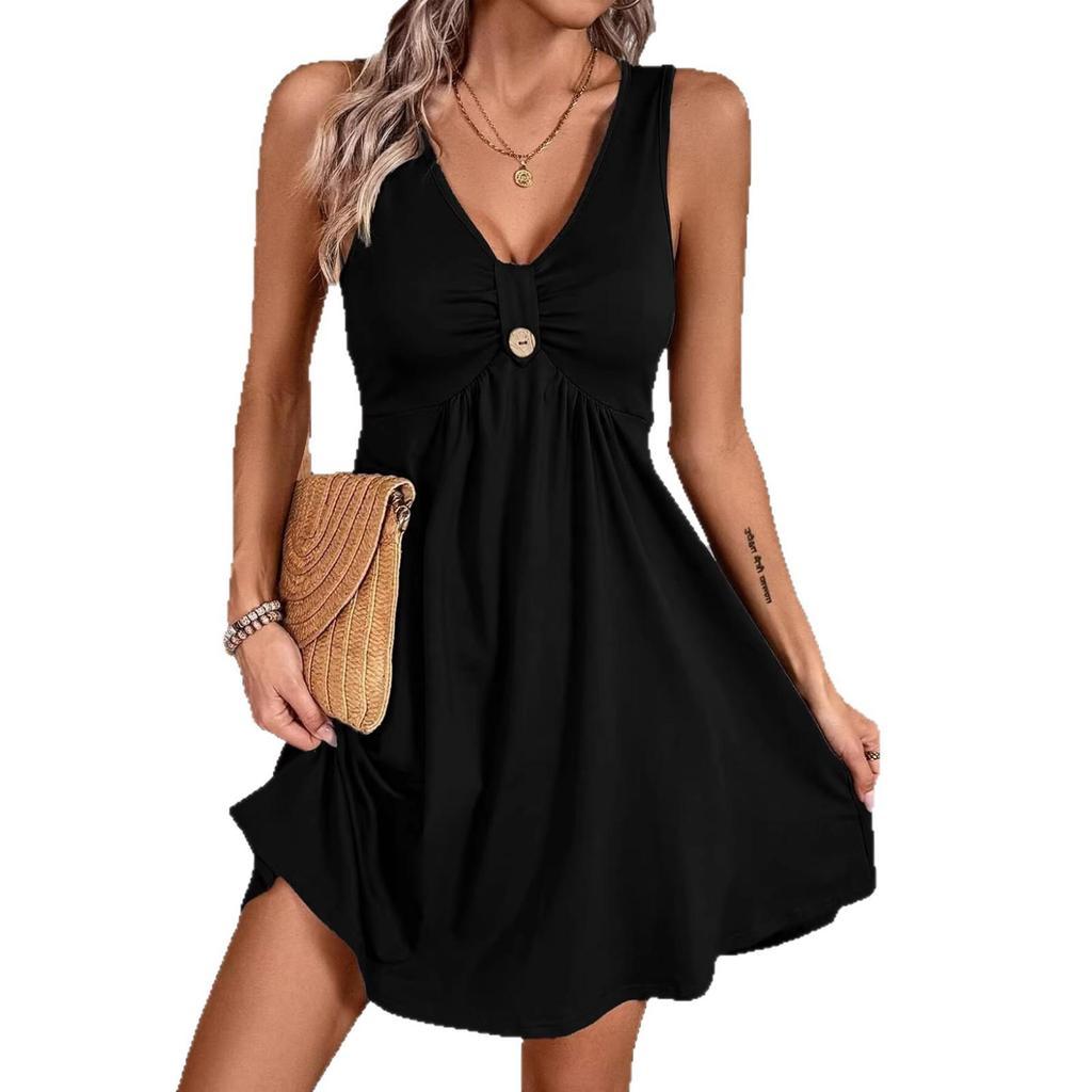 2026 Women's Short Sleeve V-Neck Button Dress - Solid Color Spring/Summer Collection