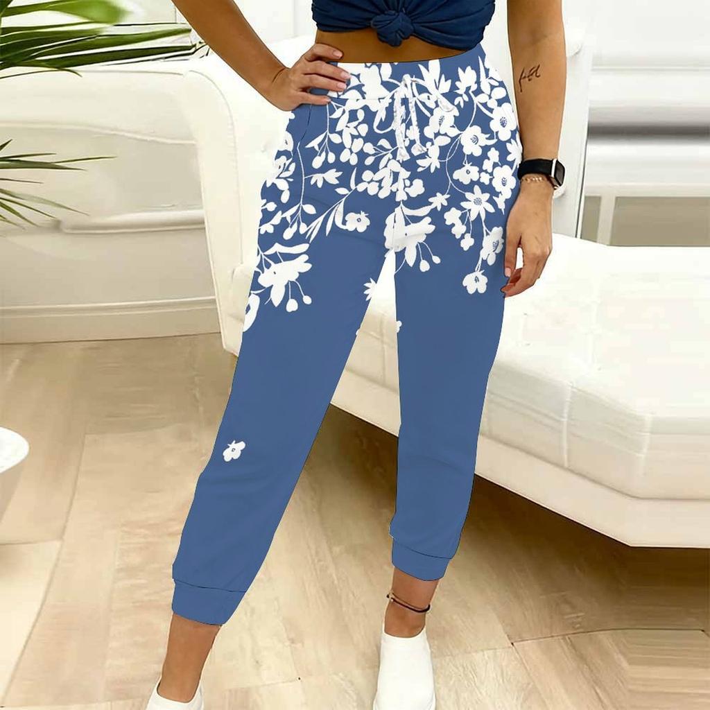 Pantaloni della tuta da donna estivi con stampa a fantasia vintage, vestibilità larga, con coulisse, polsini elasticizzati, pantaloni casual da giorno