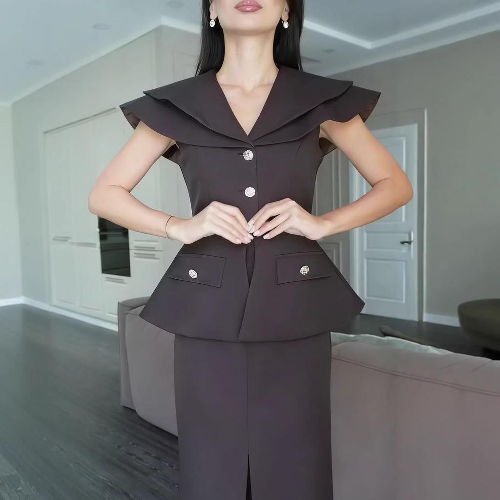 2026 autumn new European and American Amazon cross-border large lapel collar waist vest women's long skirt two-piece set