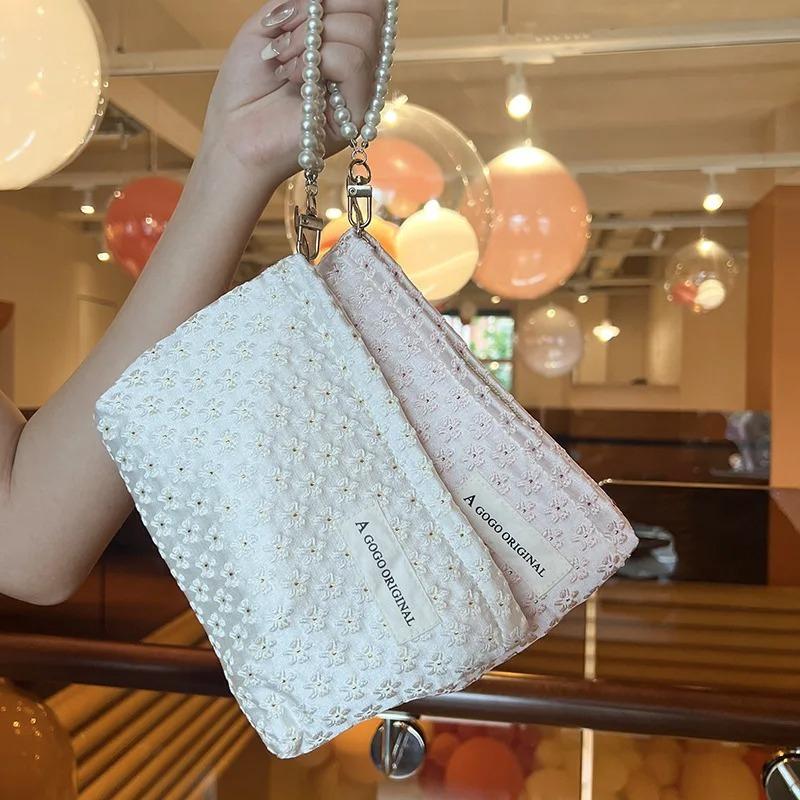 Three-dimensional Small Flower Embroidery Versatile Cosmetic Bag Female Korean Ins Hand Bag Portable Large-capacity Storage Bag