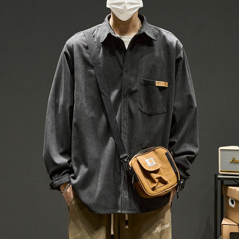 

Autumn Long Sleeve Corduroy Shirts For Men Plain Y2K Vintage Cargo Shirt New Korean Fashion Loose Streetwear Blouses Clothes S чорний