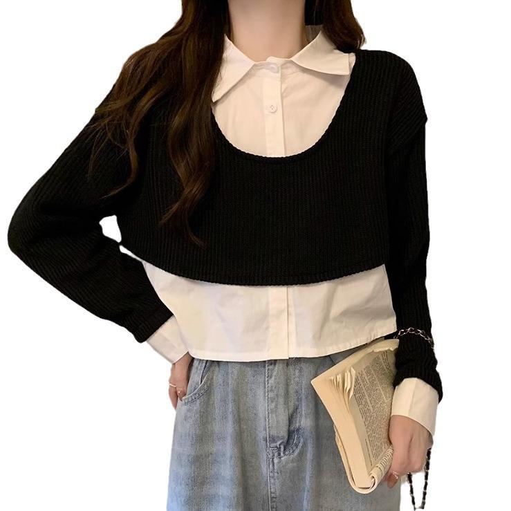 Women's French Chic Knit Sweater: Two-Piece Illusion, Shirt Collar, and Long Sleeves for Autumn/Winter