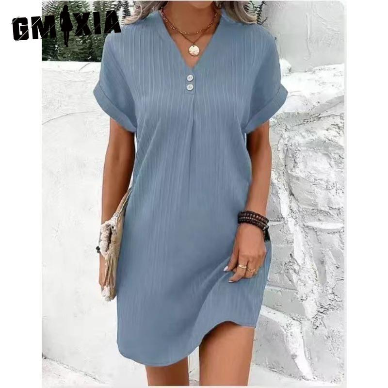 GMXIA Kvinnemote Sommer Våren Ensfarget Print Kortermet V-hals Høy midje Uformelle kjoler