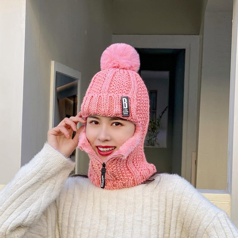 Women's Korean Style Velvet-Lined Knit Pullover Hat with Ear Protection and Zippered Neck Warmer for Winter Cycling