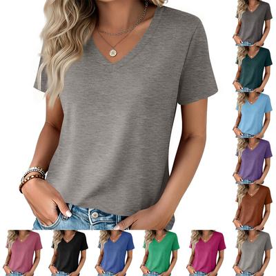 Camiseta Feminina Manga Curta Tops de Verão Decote V Casual Camisetas Básicas Roupas de Primavera Conjunto da Moda