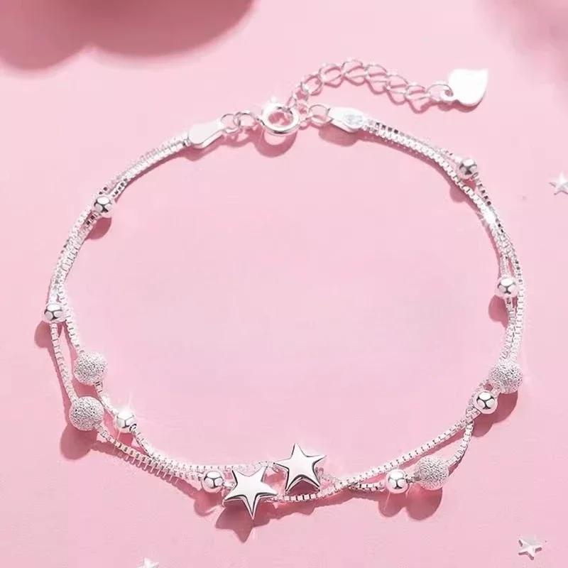 925 Silver Pearl Bracelet Women Girls Vintage Korean Pink Love Bow Chain Party Jewelry Luxury Gift