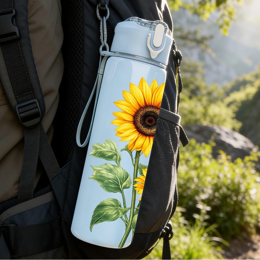 1PC Sunflower Yellow Flower Pattern 750ml Color Plastic Sports Water Bottle Leakproof Flip Straw Lid Suitable for Sports Office Home Use
