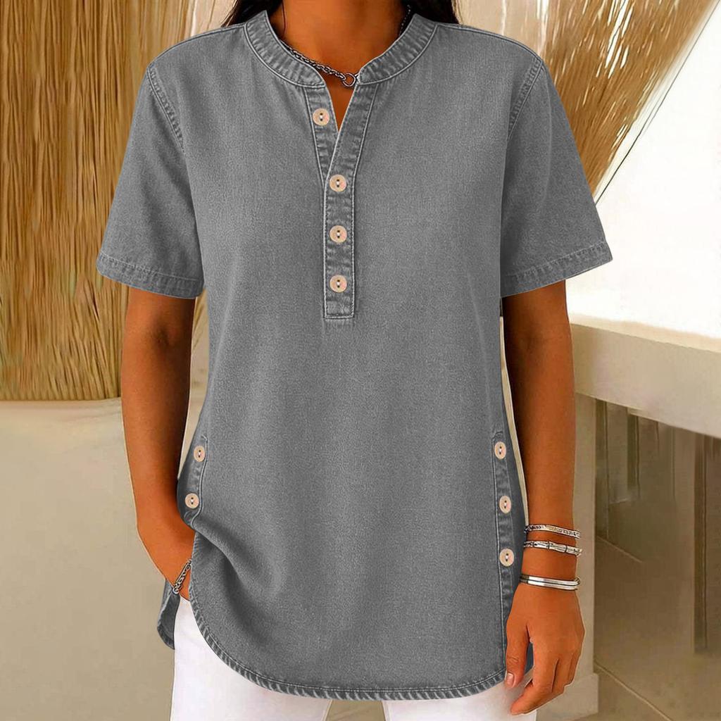 Ladies' Casual Imitation Denim V-neck Button Short Sleeved Top